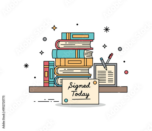 Indie bookstore signing featuring a cozy stack of books on a small counter with a handwritten Signed Today card placed in front, expressing authenticity and