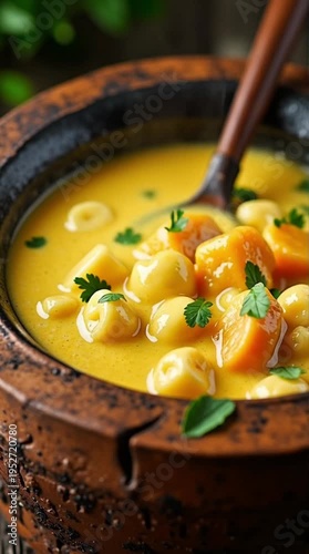 A rustic wooden spoon stirs a hearty creamy yellow soup with dumplings and vegetables