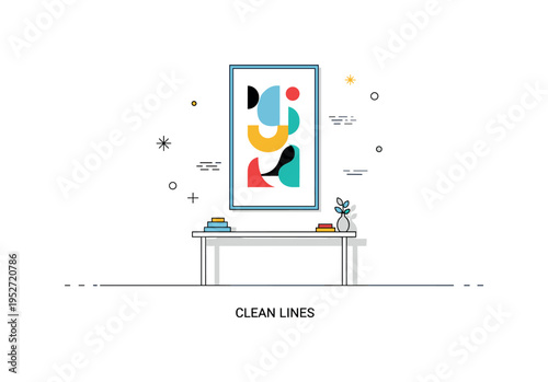 Scandinavian style geometric decor theme with a minimal wall art frame containing clean abstract shapes above a slim console table, symbolizing harmony and