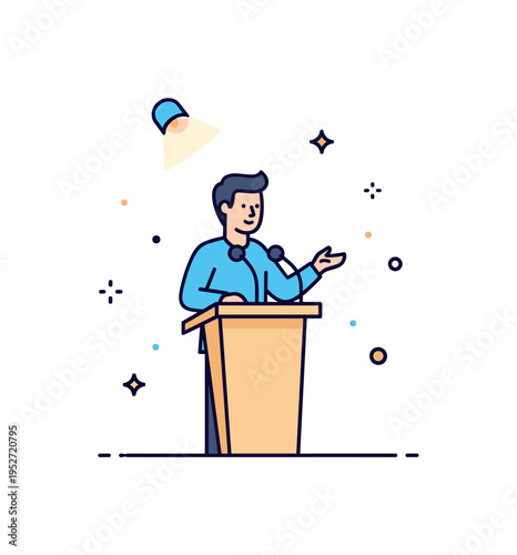 Public speaking confidence speaker standing at a podium with a simple microphone and subtle spotlight, calm posture and clear gesture emphasizing clarity. A