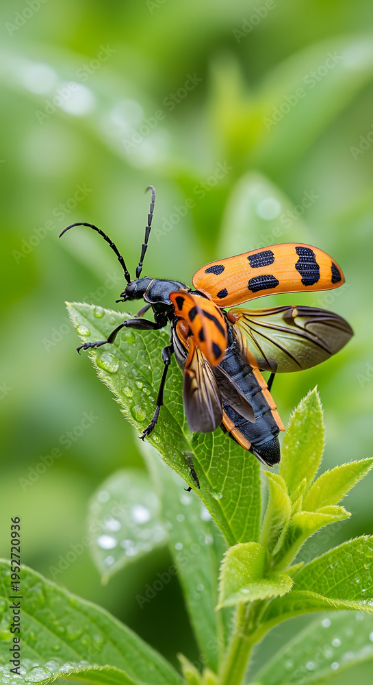 Obraz premium Orange and Black Moth on Leaf.