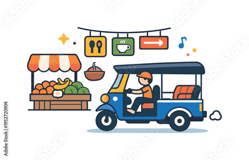 Tuk tuk ride through market street lively everyday scene where a tuk tuk passes fruit stalls and hanging signs evoking the vibrant rhythm of local markets and