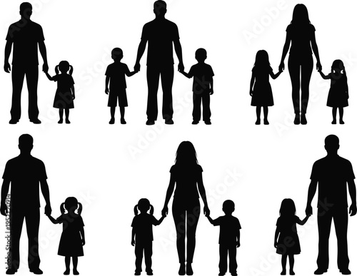 Family silhouettes with parents and children holding hands isolated on white background, parenting, love, care, togetherness, childhood, social bond, people relationship concept