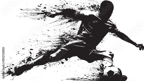 A grunge-style vector illustration of ink splatter from a soccer player kicking the ball.