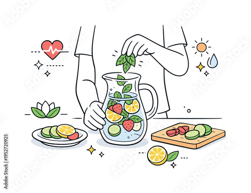 Infused water preparation. A person adding mint leaves and fruit slices into a clear water carafe, relaxed healthy routine with light decorative