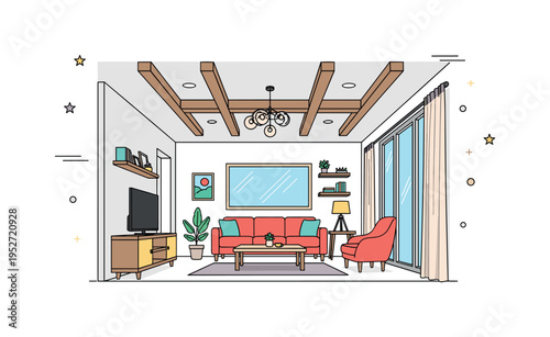 Open concept living room featuring bold ceiling beams paired with large window outlines, expressing airy design and natural light integration. The neat