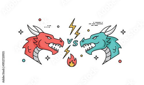 Dragon versus dragon elemental clash represented by two stylized heads facing each other with lightning and flame accents meeting at the center, symbolizing