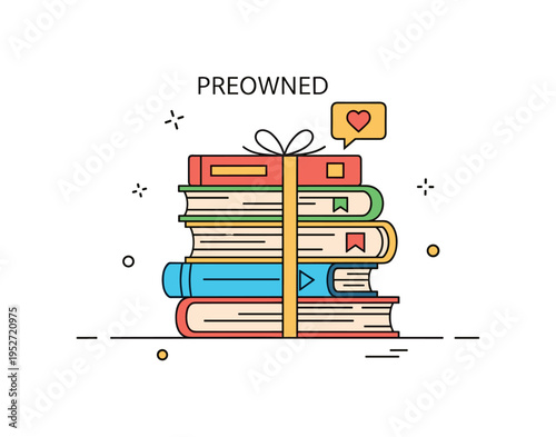 Preowned book exchange focused on a stack of gently used books tied with a ribbon, accented by a small heart icon to suggest shared stories and community