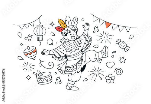 Traditional Festival Celebration. A person wearing a colorful traditional costume dancing joyfully during a local cultural festival while decorative ornaments