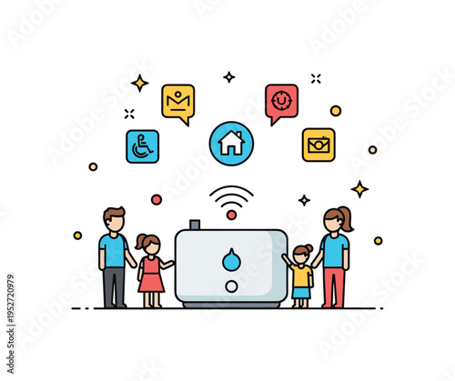 Family interacting with home assistant concept centered on a simple device with small user silhouettes nearby and floating command icons above. The scene