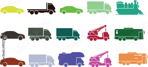 Stylized illustration of colorful vehicle silhouettes including cars, trucks, tow trucks, and train engine, vibrant transport icons for design, education, and creative artwork concepts