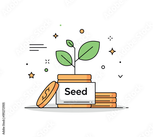 Seed investment round small plant sprouting from a coin stack labeled Seed, symbolizing early stage financing and potential. A clean concept illustration about