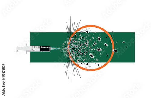 Black and white syringe transforming into microscopic nanobots mid-air, oversized emerald green rectangular block behind, orange circular accent framing the