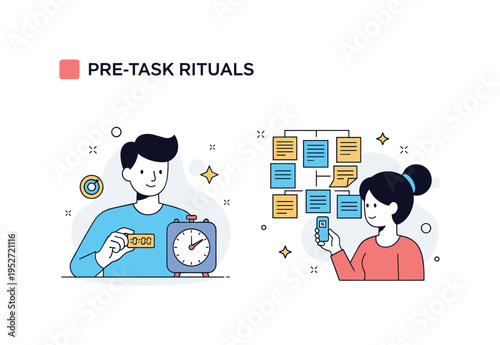 Pre-task rituals visualized by a person setting a timer and organizing tasks on sticky notes, combining efficiency, habit, and mental readiness. Minimalist