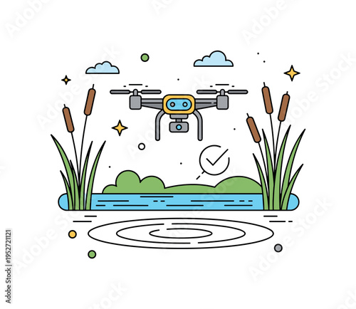 Wetland protection monitoring small drone flying above reeds and water ripples with a subtle check mark accent. A balanced illustration about safeguarding