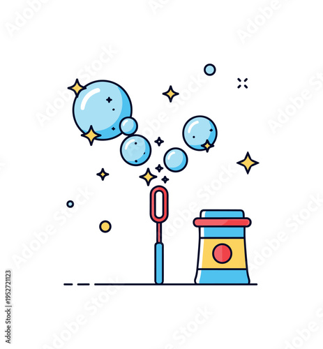 Magical bubble blowing moment depicted by a small wand creating sparkling bubbles that shimmer with tiny star details, symbolizing imagination and childhood