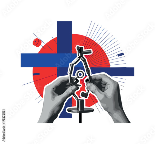 Black and white human hands assembling a sculpture from recycled metal scraps, bold red geometric circle behind like a rebirth symbol, deep cobalt blue