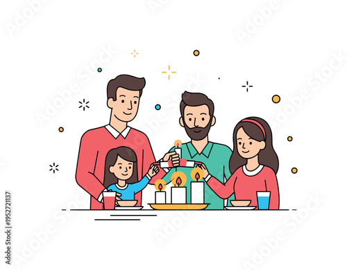 Shared rituals with a family lighting candles together on a table, creating warmth, connection, and a sense of tradition in an intimate setting. Minimalist
