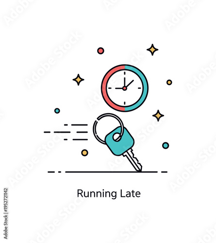 Looking for keys stress and time pressure concept with a small clock icon hovering above a keyring while motion lines suggest urgency, capturing the rush