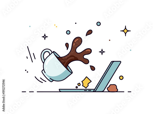 Coffee splashing from a tipped cup with small droplets flying around, highlighting movement, accident, and dynamic mess in a casual office or home setting.