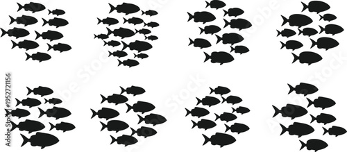 Stylized illustration of schools of fish silhouettes in clustered formations, minimal black aquatic figures representing marine life, collective movement, and underwater nature design artwork concepts