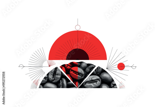 Close-up monochrome coffee beans partially cropped and enlarged, framed by a red half-circle rising behind them like heat, minimal abstract symbols suggesting