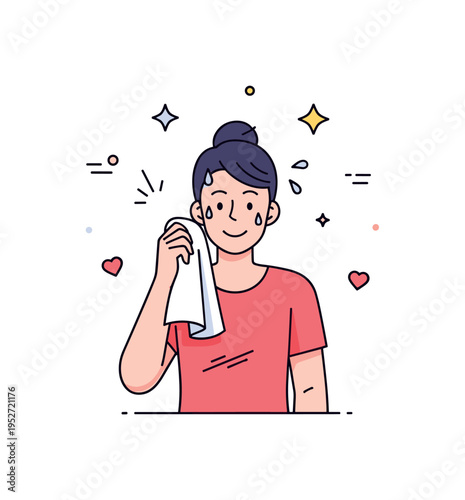 Post-workout motivation showing a person wiping sweat with a towel and smiling, celebrating small victories and self-discipline with tiny stars and hearts