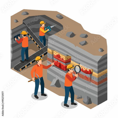 Isometric illustration of miners working in an underground mine.