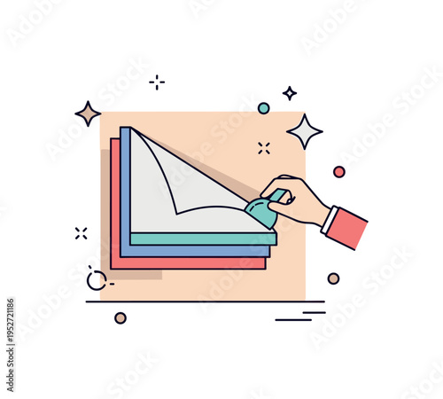 Interior redesign step concept centered on a wall with layered paper textures being removed, accompanied by a subtle sparkle accent representing cleanliness.