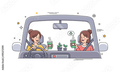 Sharing a car ride to work with friends, with coffee cups and small plants on the dashboard, emphasizing eco-friendly travel and casual conversation.