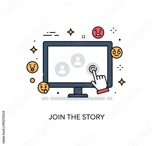 Interactive movie experiences and screenings illustrated by a cinema screen with subtle touch icons and small reaction emojis floating nearby. A short ?Join