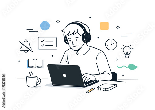 Focused deep work. A remote worker wearing headphones concentrating on a laptop while notifications are muted nearby. Calm atmosphere of focus with floating