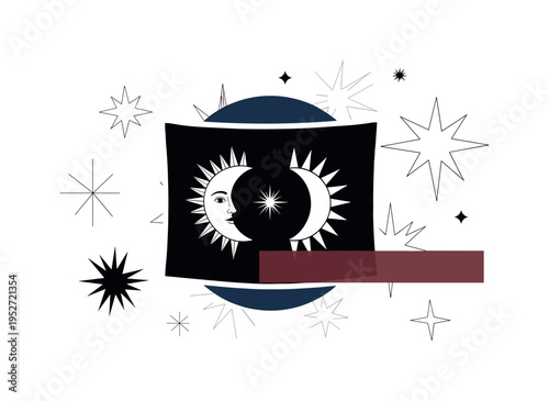 Black and white celestial tapestry pattern fragment with sun and moon motif, oversized midnight blue circle centered behind the main symbol, muted burgundy