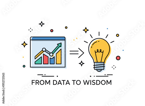 From data to wisdom simple chart transforming into a lightbulb icon, expressing transition from information to insight. A modern editorial icon about