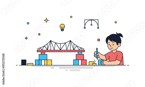 Engineering challenge activity centered on a simple bridge model supported by small blocks and a focused child figure, symbolizing critical thinking, design