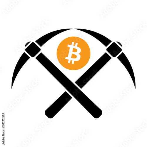 Vector of crossed pickaxes with a bitcoin symbol in the center
