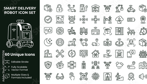 Smart delivery robot line icon set with autonomous logistics courier bots and modern transport technology symbols