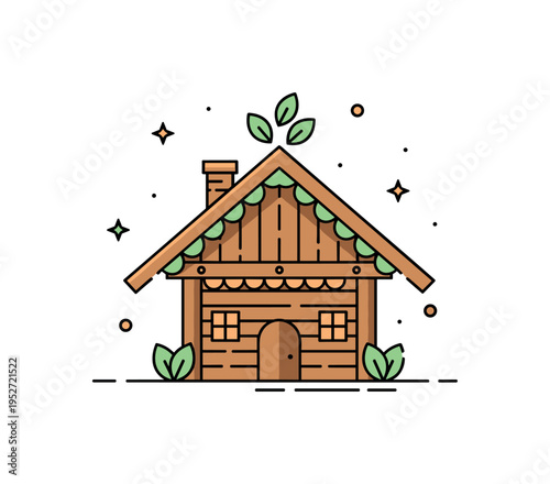 Traditional architecture heritage illustrated through a wooden house silhouette with decorative roof detail and subtle leaf accents to suggest cultural