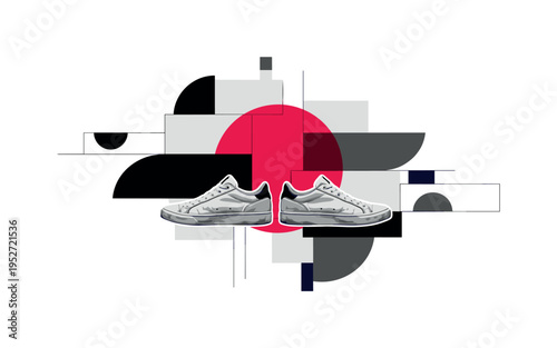 Black and white symmetrical composition of thirteen chairs aligned along a geometric table block, structured grid overlays and angular shards introducing