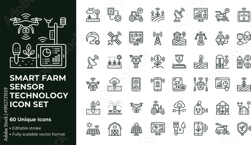 Smart farm sensor technology line icon set with agriculture monitoring drones IoT devices and precision farming symbols