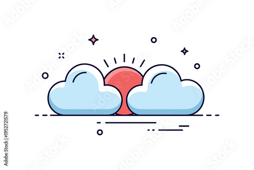 Clouds parting at dawn featuring two rounded cloud shapes opening slightly to reveal a vibrant sun disc between them, symbolizing breakthrough moments. The