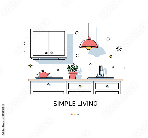 Scandinavian style minimalist kitchen scene featuring clean cabinet lines, a single pendant lamp, and a small potted herb on the counter, symbolizing