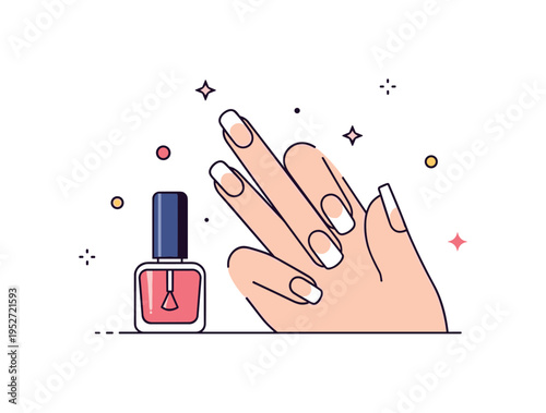 French manicure classic nail care concept centered on a graceful hand with neatly shaped nails and clean white tips, accompanied by a small nail polish bottle