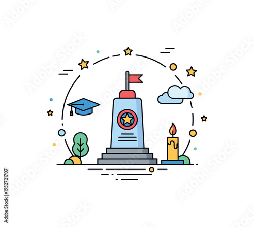 Historical remembrance travel concept built around a stylized monument framed by a subtle circular outline, with a small candle icon suggesting honor and