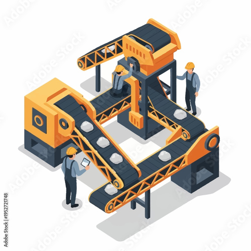 Isometric industrial conveyor belt system with workers.