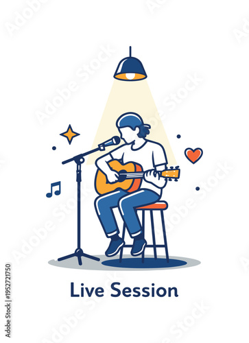 Acoustic singer songwriter session featuring a well known performer seated on a simple stool with a guitar and a single spotlight above, expressing intimacy