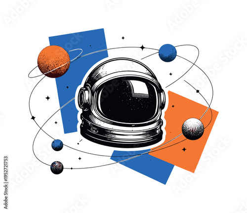 black and white astronaut helmet cut-out floating in space, surrounded by geometric planet circles and thin orbital lines, bold cobalt blue and orange abstract