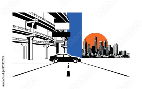 Black and white car driving beneath abstract rectangular overpasses, bold blue vertical block anchoring city background, orange circular accent symbolizing