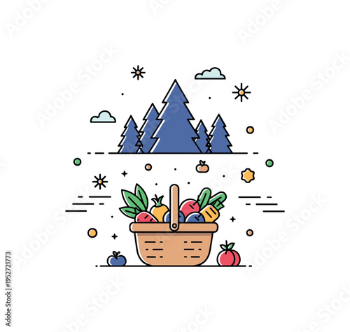 Sustainable living concept with a compact forest silhouette above a basket of freshly foraged foods. Subtle star accents and gentle motion lines create a