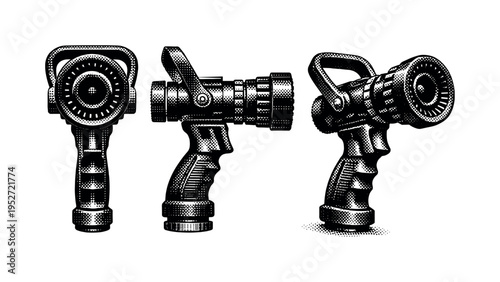 Fire hose nozzle shown as a single object in front view, side view, and three-quarter perspective highlighting mechanical details and cylindrical volume. Black